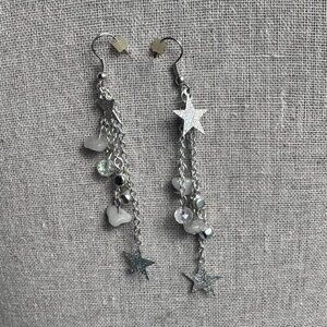 Multilayer Fun Silver-Tone Dangly Earrings with Stars & Crystals